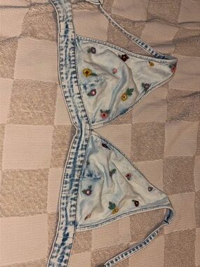 Embroidered Light Wash Denim Triangle Bralette - Floral Accent